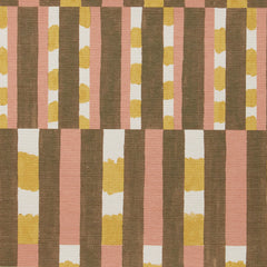 Detail of a textured wallpaper with a pattern of vertical stripes of pink, warm olive green and dashes of yellow and white.