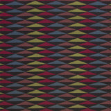 Trio Rug in Jewel, a stacked triangle pattern with black, ruby red, blue, heather purple and yellow. 