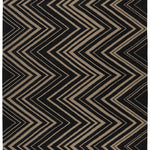 Vertical Zig-Zag Rug in Onyx-Sandstone, a zig zag pattern in mixed widths in black and taupe with a fringed edge. 