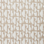 Fabric swatch with a geometric sculptural vessel motif in white on a textured woven linen in oatmeal.