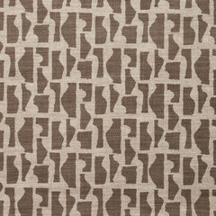 Fabric swatch with a geometric sculptural vessel motif in dark taupe on a textured woven linen in oatmeal.