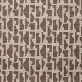Fabric swatch with a geometric sculptural vessel motif in dark taupe on a textured woven linen in oatmeal.