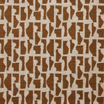 Fabric swatch with a geometric sculptural vessel motif in chocolate brown on a textured woven linen in oatmeal.