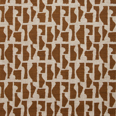 Fabric swatch with a geometric sculptural vessel motif in chocolate brown on a textured woven linen in oatmeal.