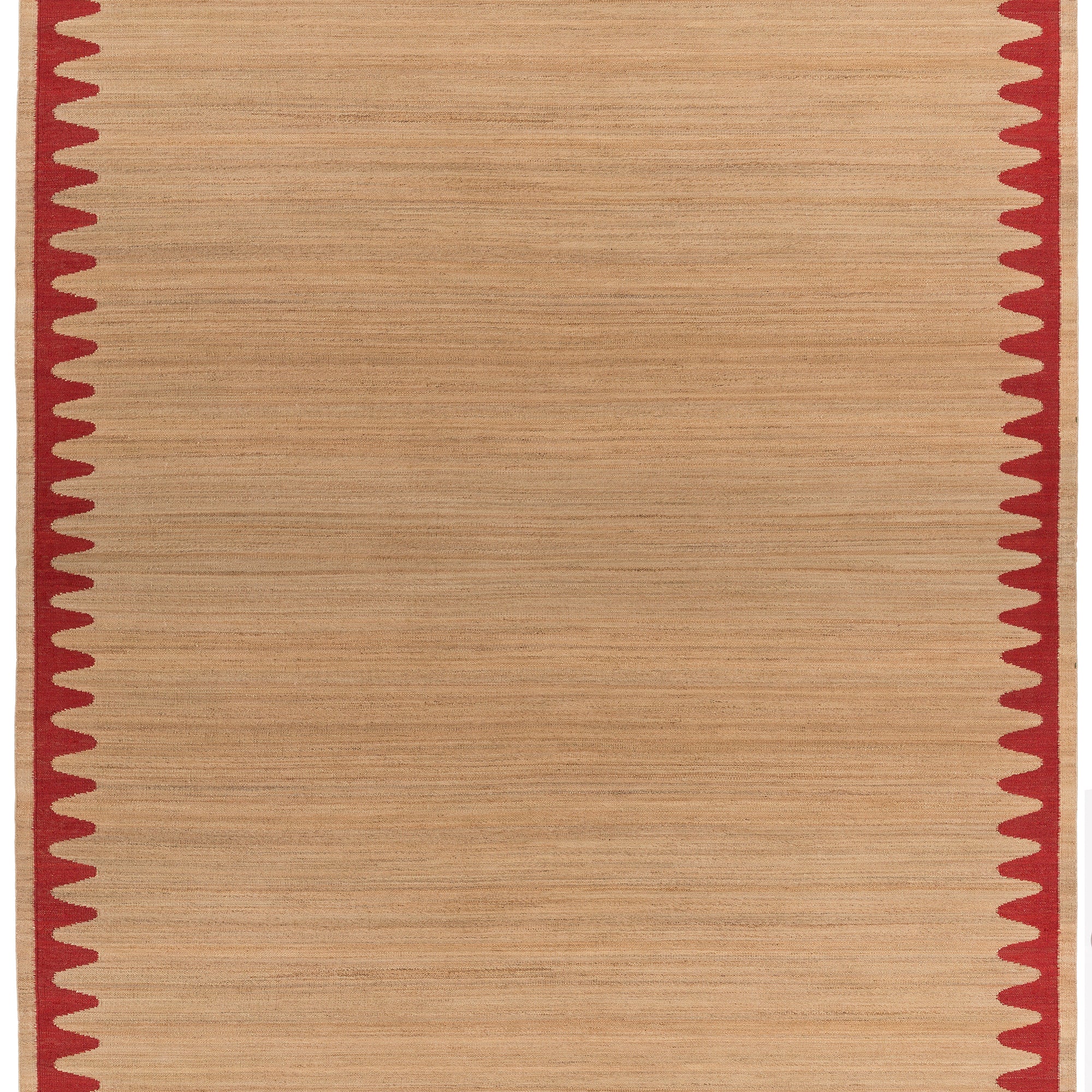 Waver Rug in Safflower Red, a strated ecru field with a red flame stitch border. 