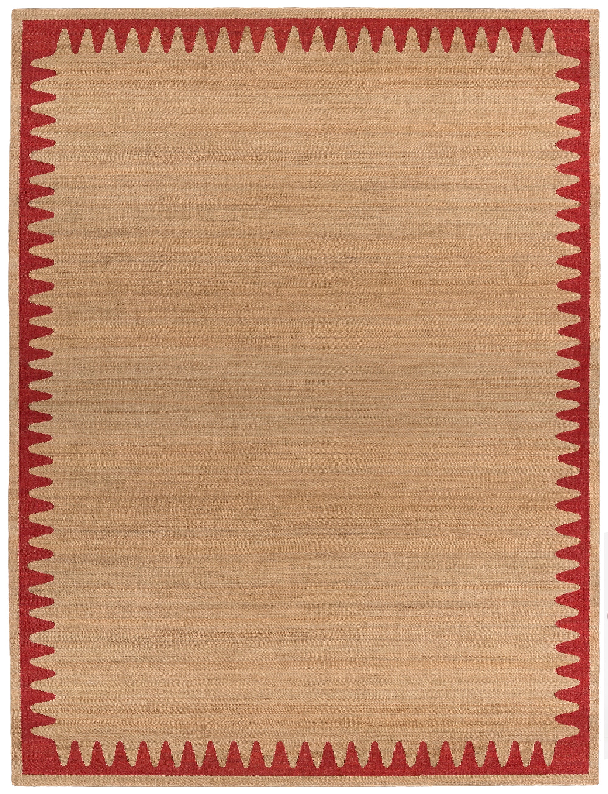 Waver Rug in Safflower Red, a strated ecru field with a red flame stitch border. 