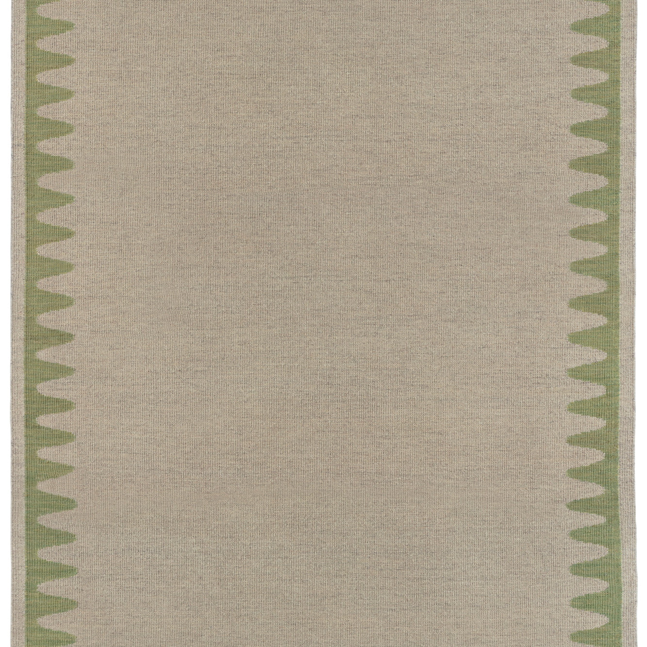 Waver Rug in Sage, a strated taupe field with a sage green flame stitch border. 
