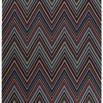 Full size To The Point Rug in Hessonite-Garnet-Slate, a zig zag pattern in red, blue coral with black, with a black fringed edge. 