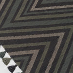 Detail of To The Point Rug in Pyrite-Metallic, a zig zag pattern in dark greens, metallic ecru and black, with a mulit color tasseled edge. 