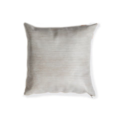 Leather throw pillow in cream with a subtle stripe pattern embossed on the surface.