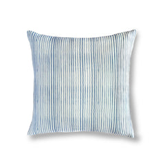 Square throw pillow in a hand-drawn stripe pattern in navy on a white field.