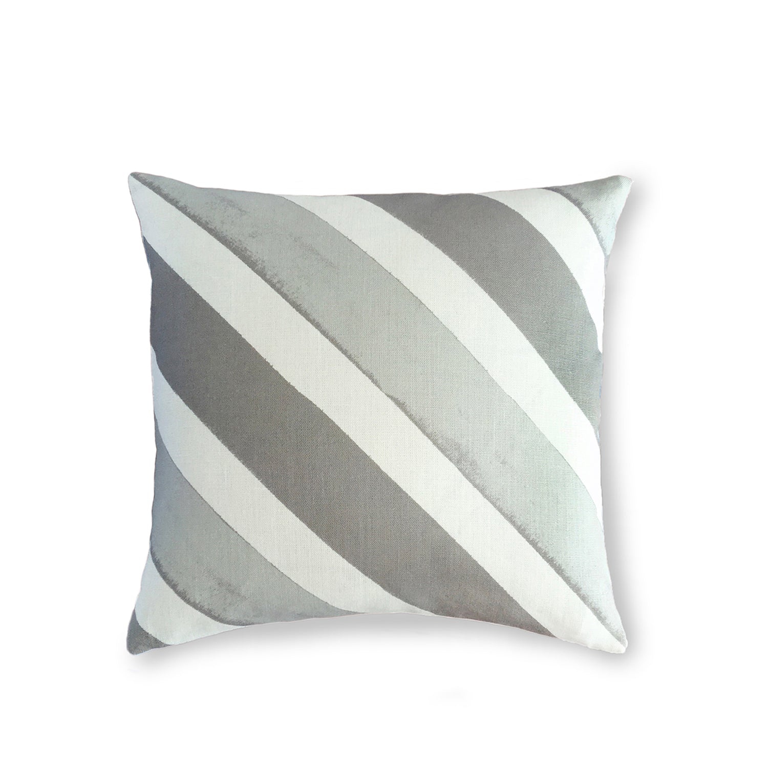 Square throw pillow in a large-scale diagonal stripe pattern in shades of gray on a white field.
