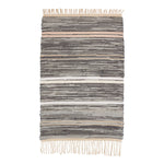 Rectangular fringed rug in an irregular woven stripe pattern in shades of gray, blue-gray, dusty red and cream.