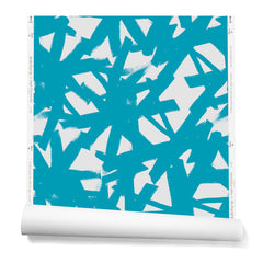 Partially unrolled roll of wallpaper in a bold turquoise brushtroke pattern on a white background.