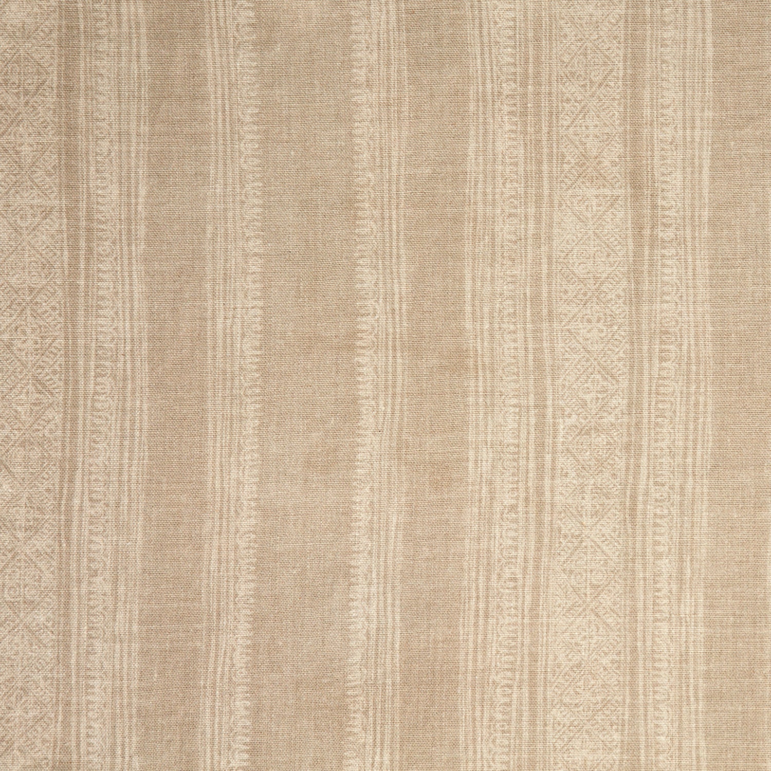 Woven fabric swatch in a striped pattern of intricate white lines over a washed beige background.