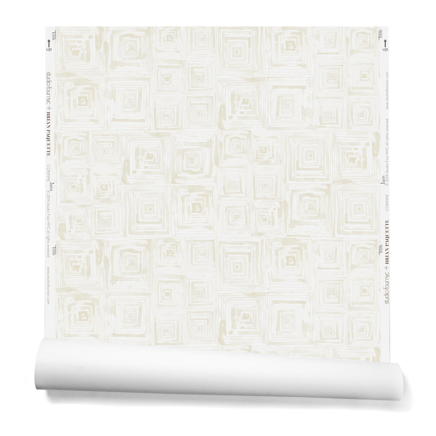 Partially unrolled wallpaper in a dense hand-drawn geometric motif in shades of tan on a white background.