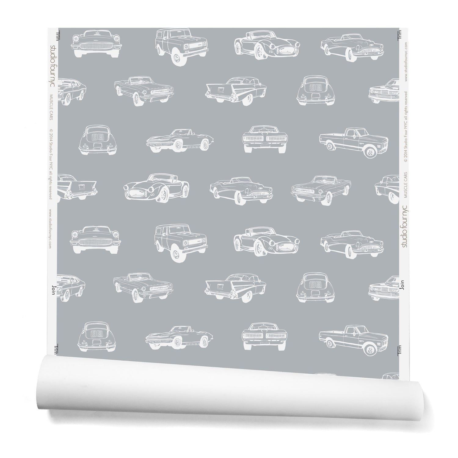 A roll of wallpaper with a linear pattern of illustrated retro cars in white on a gray background.