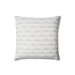 Square throw pillow in a linear pattern with a sand dune-shaped triangle stripe motif in shades of cream and white.
