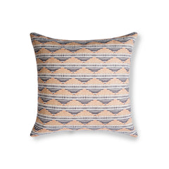 Square throw pillow in a linear pattern with a sand dune-shaped triangle stripe motif in shades of tan, brown and gray.