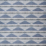 Swatch of linen fabric in a linear pattern with a sand dune-shaped triangle stripe motif in shades of navy, light blue and gray.