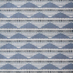 Swatch of linen fabric in a linear pattern with a sand dune-shaped triangle stripe motif in shades of navy, light blue and gray.