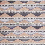 Swatch of linen fabric in a linear pattern with a sand dune-shaped triangle stripe motif in shades of tan, brown and gray.