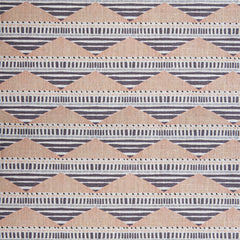 Swatch of linen fabric in a linear pattern with a sand dune-shaped triangle stripe motif in shades of tan, brown and gray.