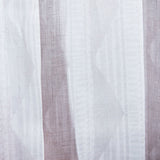Close-up sheer linen fabric swatch in a horizontal stripe pattern broken with triangluar shapes, in shades of white.