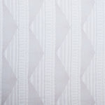 Sheer linen fabric swatch in a horizontal stripe pattern broken with triangluar shapes, in shades of white.