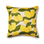 Grove Citron euro pillow printed with a handpainted design of yellow lemons with green leaves printed on a white background 