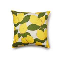 Grove Citron square pillow printed with a handpainted design of yellow lemons with green leaves printed on a white background