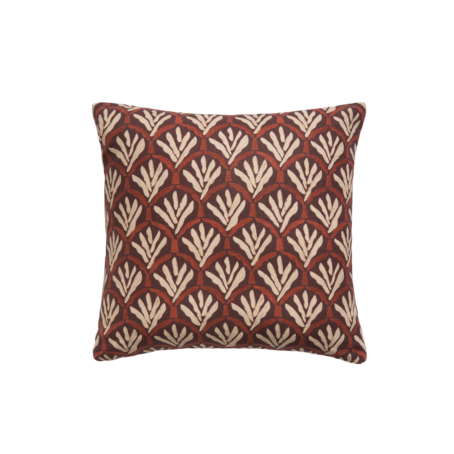 A square throw pillow with a repeating Moroccan-inspired scallop pattern in white and red on a maroon background.
