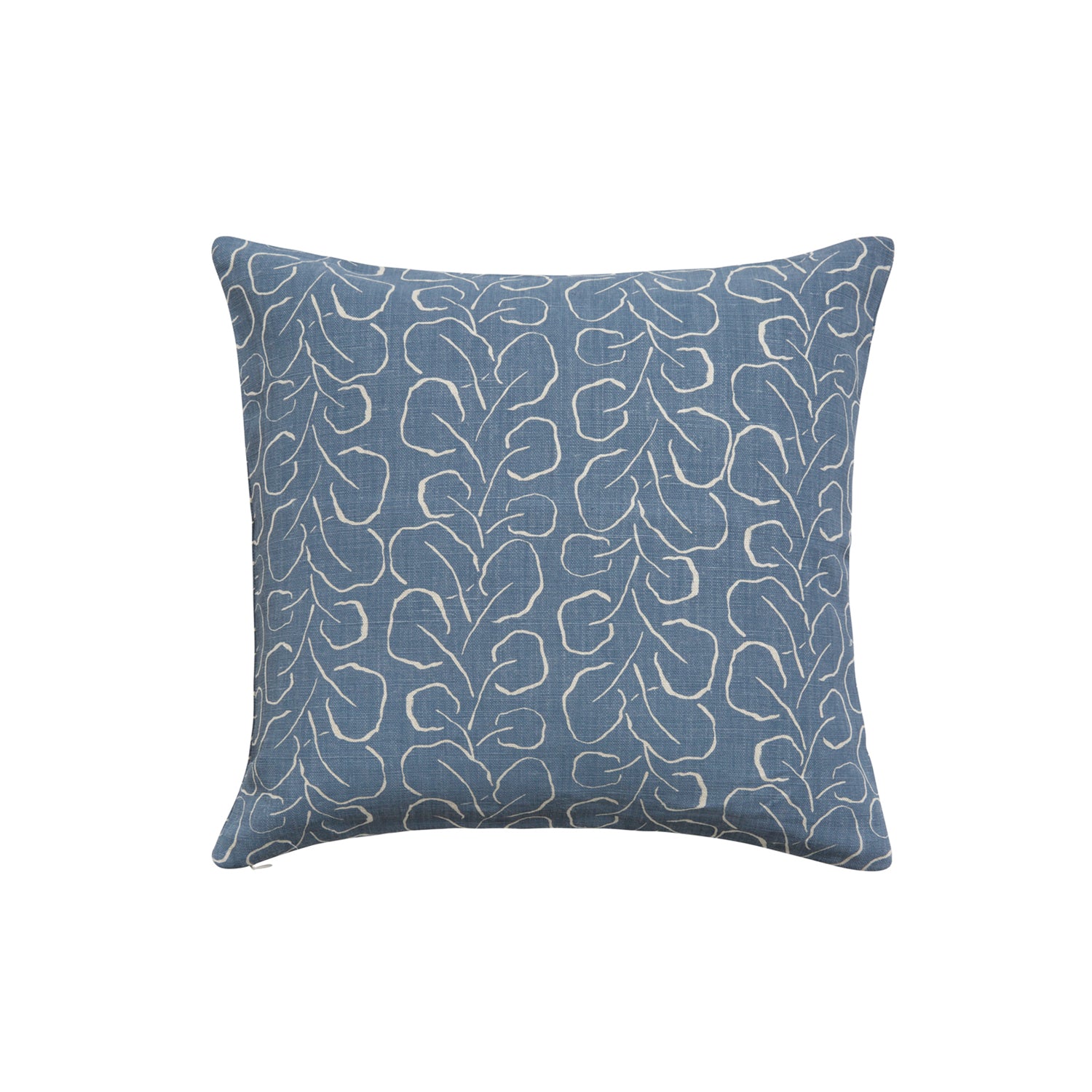 Square throw pillow with a large-scale repeating leaf print in tan on a French blue field.