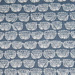 Indian-inspired floral line drawings arranged in a striped pattern on woven fabric. White on navy background.