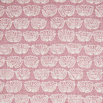 Indian-inspired floral line drawings arranged in a striped pattern on woven fabric. White on pink background.