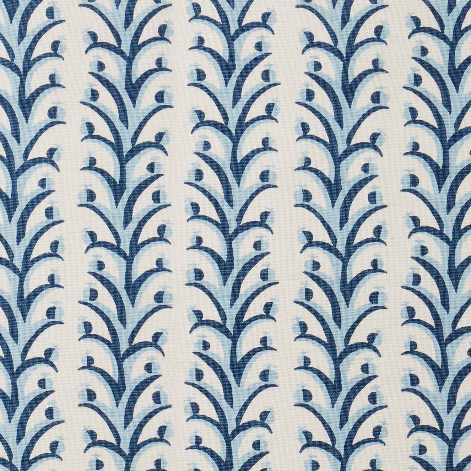 Fabric swatch with a horizontal striped pattern of curved branches topped with tiny fruits, in shades of cream, blue and navy.