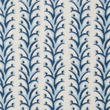 Fabric swatch with a horizontal striped pattern of curved branches topped with tiny fruits, in shades of cream, blue and navy.