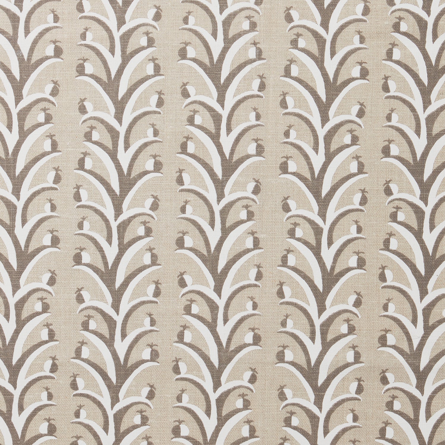 Fabric swatch with a horizontal striped pattern of curved branches topped with tiny fruits, in shades of tan, taupe and white.