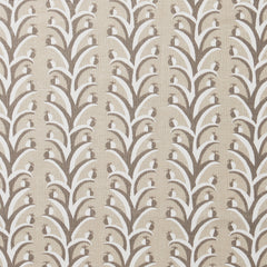 Fabric swatch with a horizontal striped pattern of curved branches topped with tiny fruits, in shades of tan, taupe and white.