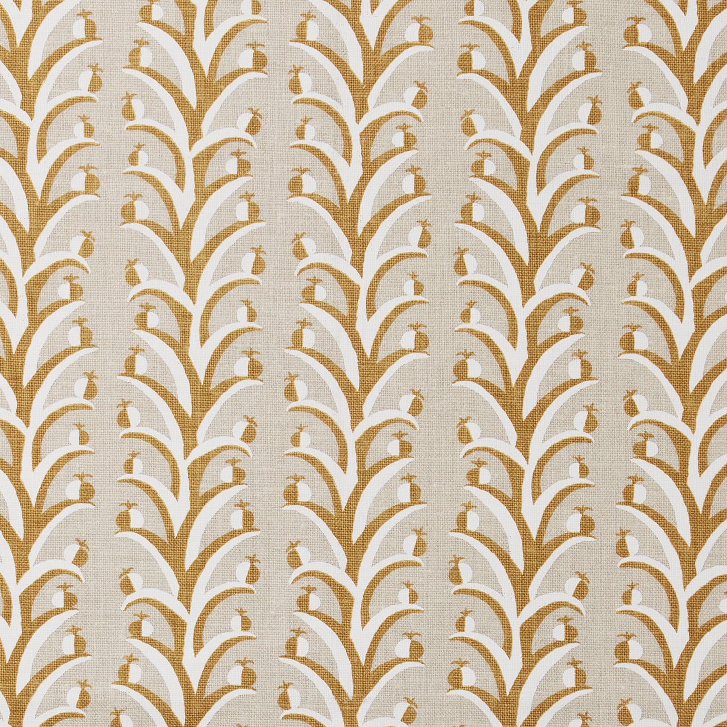Fabric swatch with a horizontal striped pattern of curved branches topped with tiny fruits, in shades of tan, cream and white.