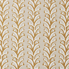 Fabric swatch with a horizontal striped pattern of curved branches topped with tiny fruits, in shades of tan, cream and white.