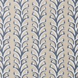 Fabric swatch with a horizontal striped pattern of curved branches topped with tiny fruits, in shades of tan, slate and white.