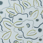 A swatch of fabric in a large-scale minimal floral print in shades of gray, navy and green on a light blue background.