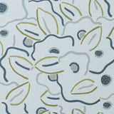 A swatch of fabric in a large-scale minimal floral print in shades of gray, navy and green on a light blue background.
