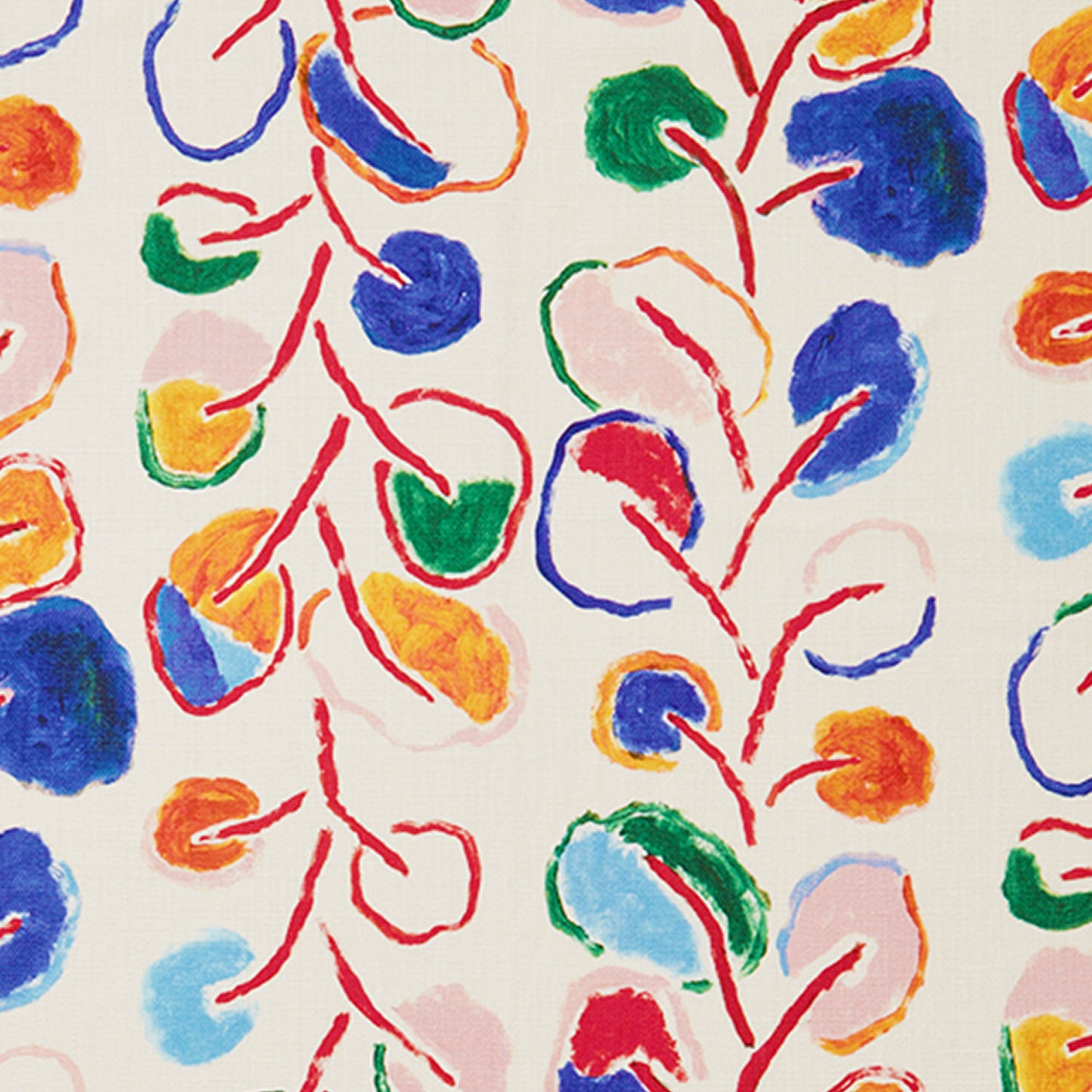 Trees of Derain printed linen fabric detail image, the design is a handpainted floral featuring many colors, cobalt, red, pink, orange, blue on a white ground, hover