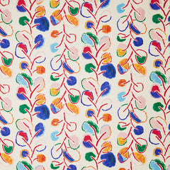 Trees of Derain printed linen fabric the design is a handpainted floral featuring many colors, cobalt, red, pink, orange, blue on a white ground, 