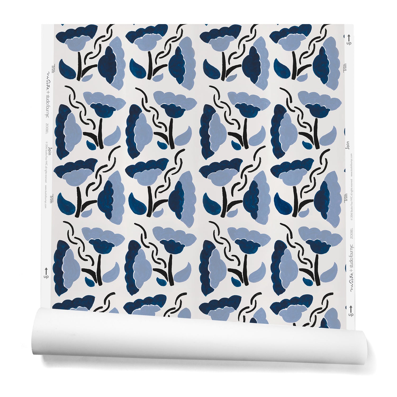 A hanging roll of wallpaper with a repeating pattern of large-scale graphic flowers in shades of blue on a cream background.
